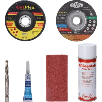 sada pro montáž nerezového zábradlí - řezný kotouč, lamelový brusný kotouč, brusné rouno, univerzální vteřinové lepidlo, ošetřovací přípravek ve spreji, vrták na nerez
