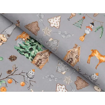 Bavlněná látka/plátno Sandra SA-509 Vánoční skřítci a ozdoby na šedém - šířka 160 cm