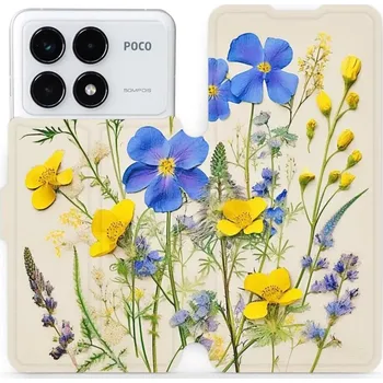 Pouzdro na mobilní telefon Flipové pouzdro Mobiwear - Xiaomi Poco F6 Pro 5G - VP41S Modré a žluté kvítky (Knížkové flip pouzdro, obal, kryt na mobil Xiaomi Poco F6 Pro 5G - VP41S Modré a žluté kvítky, materiál Umělá kůže + TPU - ochrana 360°, stojánek, silikonová vanička, magnetick