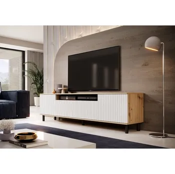 Obývací stěna TV stolek Agne 200 dub artisan / bílá - kulaté černé nohy