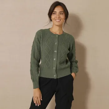 Dámský svetr Blancheporte Propínací svetr s copánkovým vzorem a kulatým výstřihem khaki 42/44