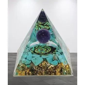Orgonitová pyramida s tyrkenitem, kuličkou ametystu a symbolem stromu života