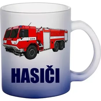 Hasičské auto CAS 30 modrý skleněný hrneček HASIČI (hrneček s hasičským autem matné sklo )