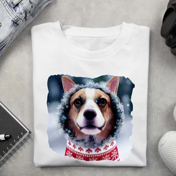 Dámské tričko Dámské tričko - Vánoční motiv pejsek Barva: Bílá, Velikost: XL