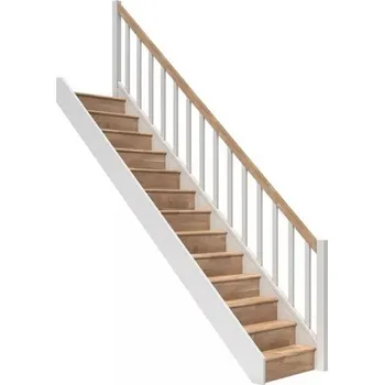 DOLLE PARIS - schody rovné s podstupnicemi, se zábradlím dřevěné sloupky,buk-dub lakovaný/bílá (Nášlapy a madlo buk přírodní lakovaný / bočnice a výplně zábradlí bílé.)