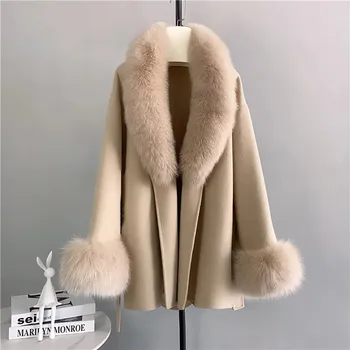 Dámský kožich Vlněný luxusní kabátek s pravou kožešinou liška Barva: Khaki, Velikost: S
