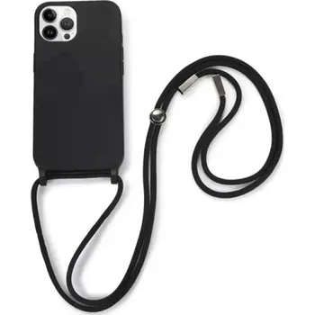 Pouzdro na mobilní telefon Gumový ochranný kryt se šňůrkou na krk pro Apple iPhone 16 Pro Max - černý