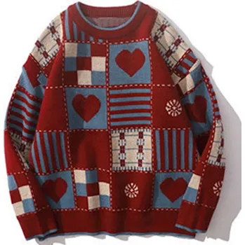 Pánský svetr Unisex oversize svetr se srdíčky Barva: Červená, Velikost: M