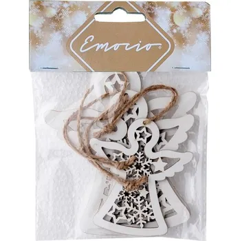 Vánoční dekorace Závěs dřevo 3ks 105x120/85x95/70x80mm anděl uvnitř vločky, hvězdy, bílá