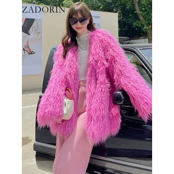 Dámská parka Chlupatá bunda srst korejský styl kožich oversize Barva: Světle Růžová, Velikost: XL