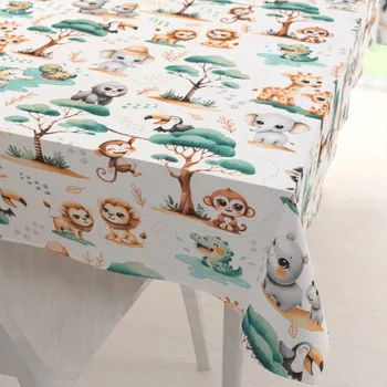 ubrus Dětský bavlněný obdélníkový ubrus Sandra SA-513 Africká zvířátka na bílém 60x100 cm