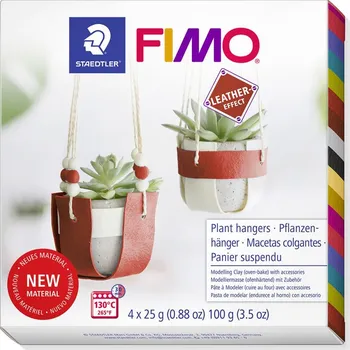 Modelovací hmota FIMO Leather Sada DIY KVĚTINÁČ na zavěšení balení 4 barevných bloků FIMO po 25g, komponenty a podrobný obrázkový návod.