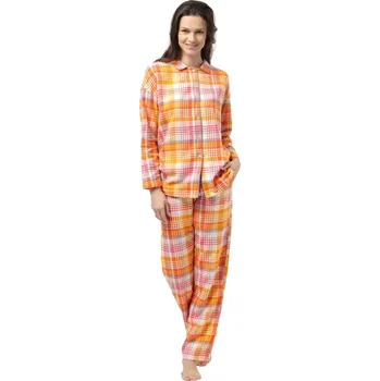 Dámské pyžamo Dámské rozepínací pyžamo KEY 473 meruňková-kostkovaný vzor FLANELA L 0