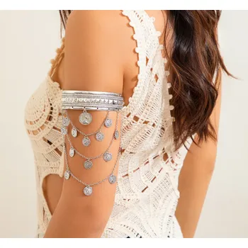 Náramek B-TOP Trendy náramek na paži s vícevrstvými řetízky s mincemi Druh barvy: Stříbrná