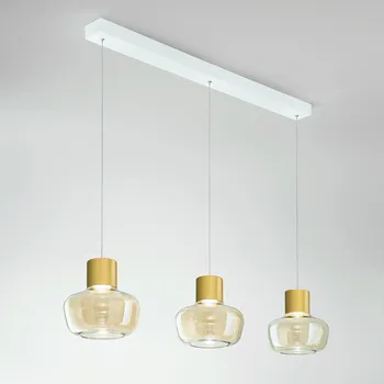 Fabas 3767-48-365 Kino, závěsné svítidlo z čirého skla a zlatého kovu, 3x12W LED 3000K krokové stmívání, délka 92cm