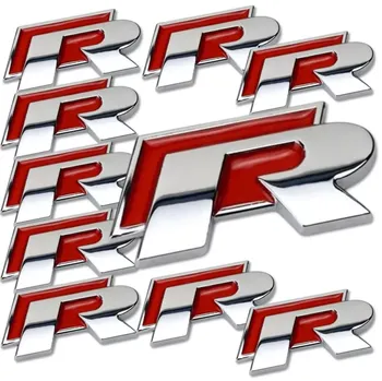 Samolepicí dekorace na vozidlo Sada 10ks samolepka 3D R-LINE (kratší), barva červená/chrom (UŠETŘÍTE! Výhodné balení samolepek)