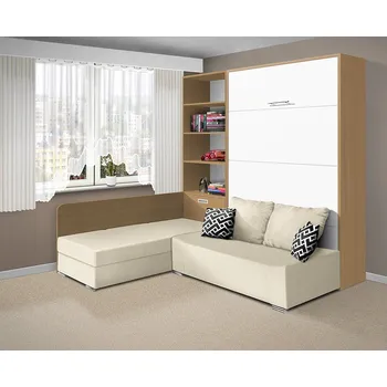 Postel Nabytekmorava Sklápěcí postel s pohovkou VS 21075, 200 x 160cm barevné kombinace: Buk / dveře bílé, barva pohovky: Savana krémová