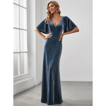 Dámské šaty Velurové večerní šaty s obálkovým výstřihem Barva: Mořská, Velikost: M