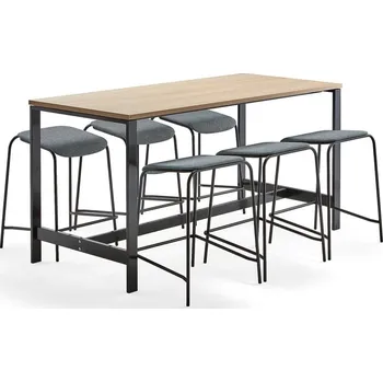 Jídelní set Sestava VARIOUS + ATTEND, stůl 1800x800x900 mm, dub + 6 modrošedých stoliček