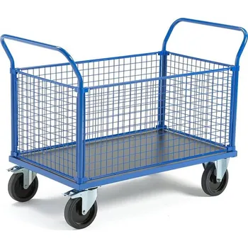Plošinový vozík Plošinový vozík TRANSFER, 4 drátěné stěny, 1200x800 mm, 1000 kg, elastická gumová kola, s brzdami