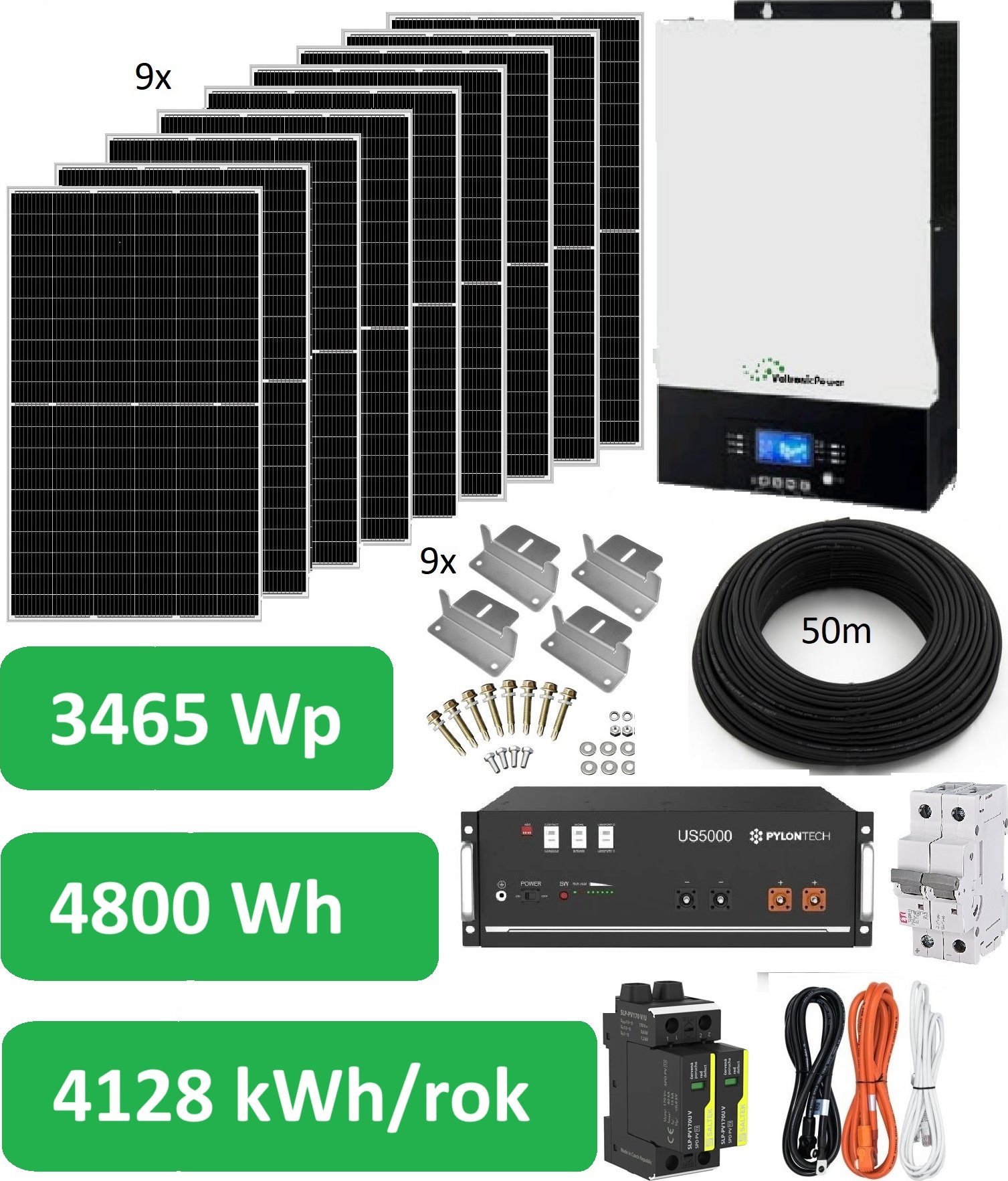 Bezpřetokový solární set Kombi 3465, 230V AC, panely 3465Wp, měnič kombi 5000W, Lithiová baterie 4,8kWh (Komponenty pro solární sestavu 230V/3465Wp s možností nabíjení ze sítě nebo elektrocentrály)