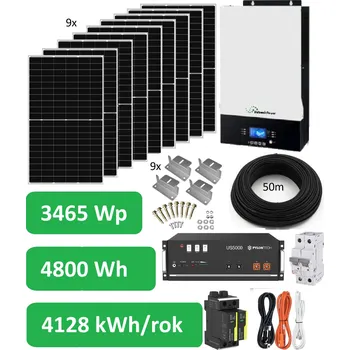 solární set BATTERY CHARGER Bezpřetokový solární set Kombi 3465, 230V AC, panely 3465Wp, měnič kombi 5000W, Lithiová baterie 4,8kWh
