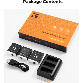 K&F GoPro Hero 12/11/10/9 sports camera battery 1730mAh,3 pack LED charger set