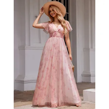 Dámské šaty Elegantní večerní šaty s tylem, květinami a výstřihem do V Barva: Růžová, Velikost: M