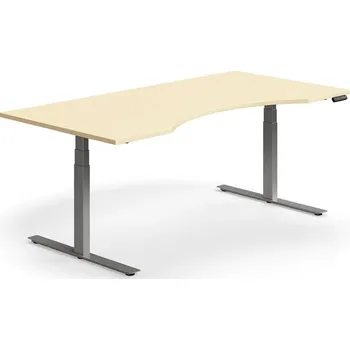 Psací stůl Výškově nastavitelný stůl QBUS, vykrojený, 2000x1000 mm, stříbrná podnož, bříza