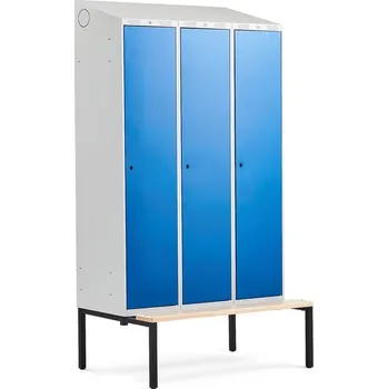 Šatní skříň Šatní skříňka CLASSIC, šikmá střecha, s lavicí, 3 sekce, 2290x1200x550 mm, modré dveře