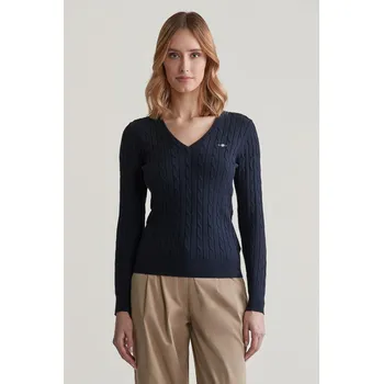 Dámský svetr SVETR GANT STRETCH COTTON CABLE V-NECK EVENING BLUE
