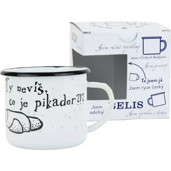 BELIS Smaltovaný hrnek ø 8 cm - 0.35 l bílý "ČB/pikador" v krabičce - ČESKÝ PLECHÁČEK