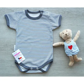 Kojenecký body AMÁLKA Bavlněné bodynko krátký rukáv, šedomodré pruhy Velikost: 62