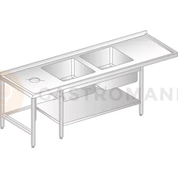 Nerezový dřez Stůl přístěnný z nerezové oceli s místem na myčku, otvorem pro odpad, 2 dřezy a poličkou 2300x700x850 mm | DORA METAL, DM-3230