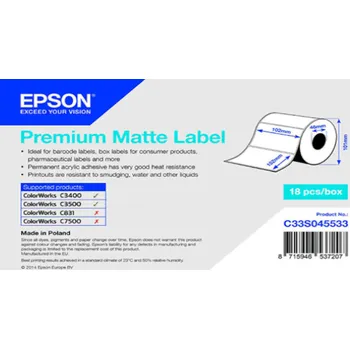 Samolepící etiketa Epson C33S045533 Premium Matte, pro ColorWorks, 102x152mm, 225ks, bílé samolepicí etikety
