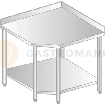 Počítačový stůl Stůl přístěnný rohový z nerezové oceli s policí se zadní lištou a okapovou lištou, 868x868x600x600x379x850 mm | DORA METAL, DM-S-3105