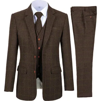 Pánský oblek Pánský tvídový oblek 3v1 kalhoty, sako a vesta Barva: Kávová, Velikost: XL