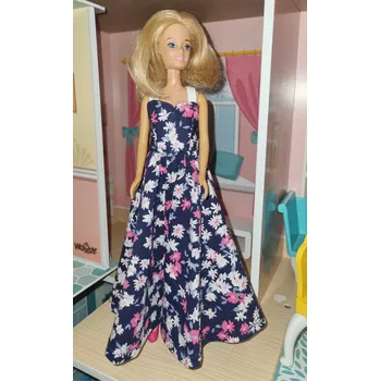 Doplněk pro panenku Barbie - české originální oblečky pro panenku - šaty dlouhé tmavě modré květované