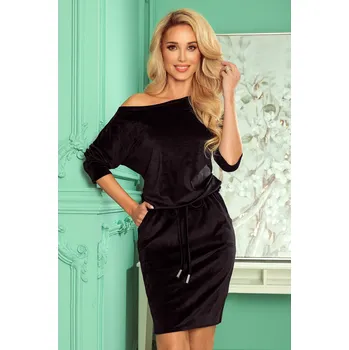 Dámské šaty Černé velurové dámské sportovní šaty se zavazováním a kapsičkami 13-129 XS