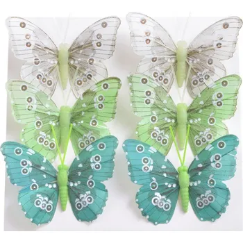 Velikonoční dekorace Motýl jarní - zelený mix 6 cm na drátku