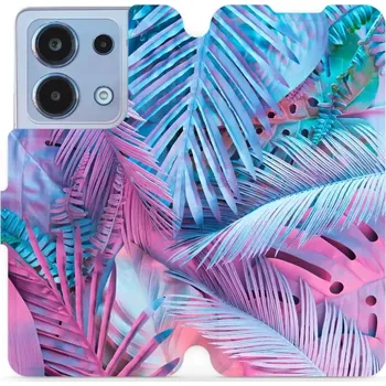 Pouzdro na mobilní telefon Flipové pouzdro Mobiwear - Xiaomi Redmi Note 13 4G - MG10S Fialové a modré listy (Knížkové flip pouzdro, obal, kryt na mobil Xiaomi Redmi Note 13 4G - MG10S Fialové a modré listy, materiál Umělá kůže + TPU - ochrana 360°, stojánek, silikonová vanička,)
