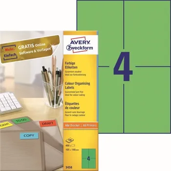 Samolepící etiketa Barevné samolepící etikety 105 x 148 mm, 100 listů A4, zelená 3458
