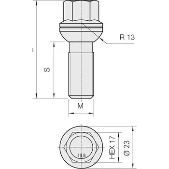 Auto-moto Kolový šroub M14x1,5x48 koule R13 pohyblivá, klíč 17, S17D48R13F-MW-BLACK, černý, výška 72,5 mm