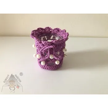 Svícen Dubový skřítek Svícen fialový s umělými perlami ručně háčkovaný