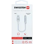 Přepojka / adaptér SWISSTEN Textile - USB-C / 3,5mm jack samice - 15cm - tkanička - stříbrný