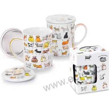 ChaCult DODO & BODO porcelánový čajový hrnek s víčkem a nerezovým sítkem s kreslenými barevnými kočkami nebo pejsky | 2-MIX 250ml