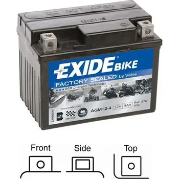 Motobaterie AGM motocyklová / moto baterie EXIDE AGM12-4 naplněná z výroby 12V 3Ah 50A , rozměry 113x70x85