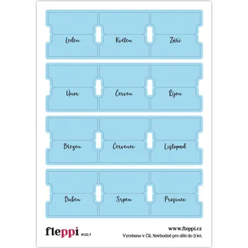 samolepka Fleppi Samolepky Štítky vnější | 12ks Sweet Day Popis štítků: měsíce - psace, Materiál štítků: pololeská 250g/m2, Barva štítků: modrá