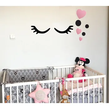 Dřevěná dekorace na zeď - srdíčka a spící očka - růžová