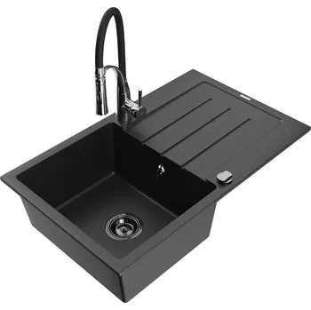 Granitový dřez MEXEN/S - Bruno granitový dřez s odkapávačem včetně baterie Aster, černá/stříbrná metalik 6513-73-73450-07-B